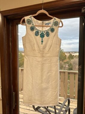 Sleeveless Antonio Melani white Dress with Teal Embellished Neckline
